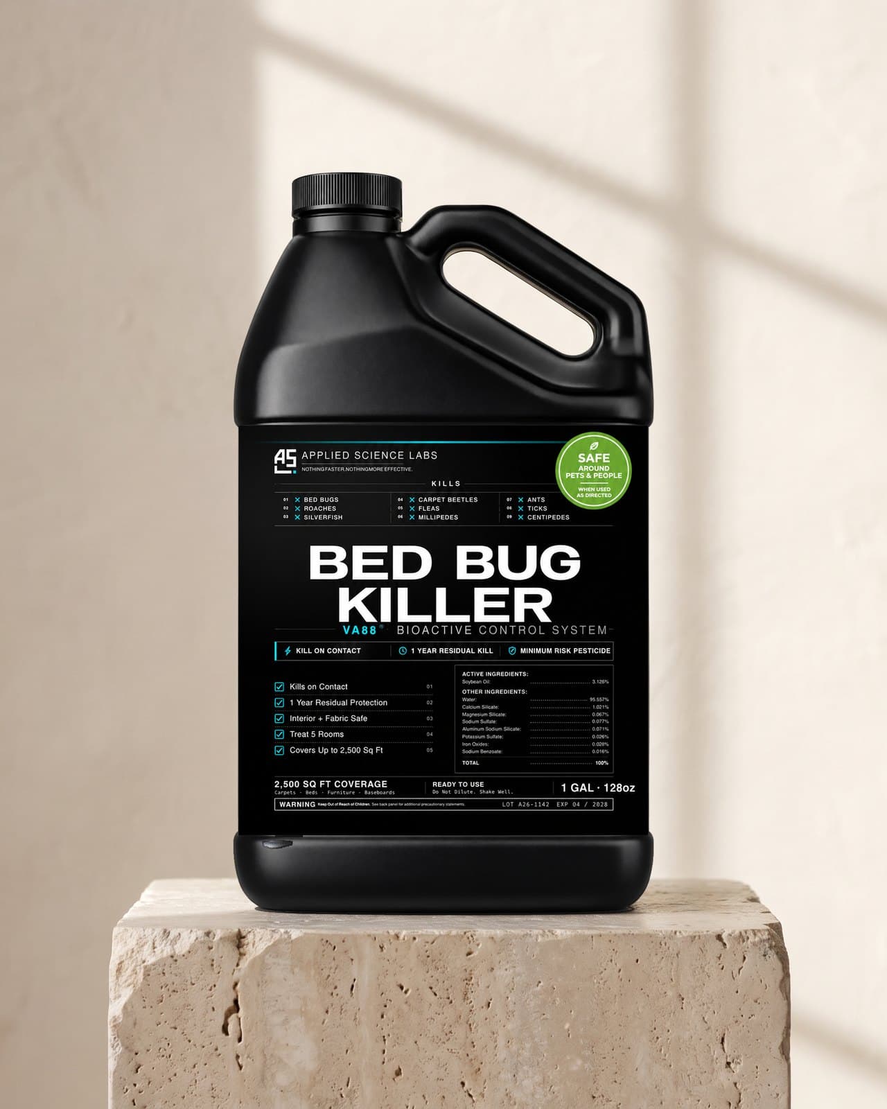 VA88 Bed Bug Killer one-gallon jug standing on a stone plinth, label badge reading safe around pets and people when used as directed